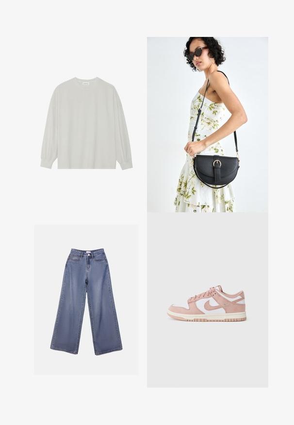 T-shirt à manches longues gris clair en coton doux. Présente une coupe ample, un col rond et des poignets légèrement froncés. Aucun motif ni graphique.; Jean en denim à jambes larges, de couleur bleu clair, avec une taille haute, des poches avant et une fermeture à boutons avec passants de ceinture.; La sneaker présente un dessus en daim rose doux, des panneaux en cuir blanc et une semelle en caoutchouc texturé. Logo swoosh notable sur les côtés, design à lacets.; Sac à main en cuir noir avec une forme courbée, bandoulière amovible et des accessoires en or. Le sac est doté d'un rabat avec un détail de boucle.