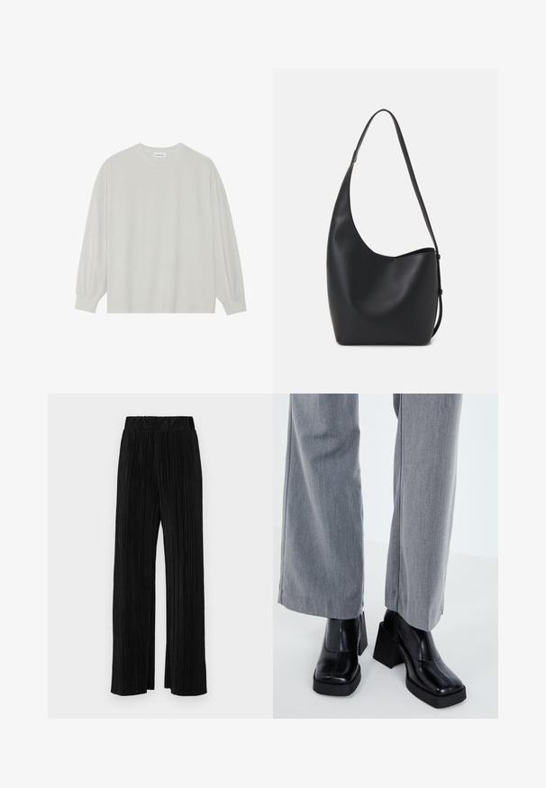 Hele halli pikkade varrukatega T-särk, mis on valmistatud pehmest puuvillast. Omab vaba lõiget, ümmargust kaelust ja õrnalt kogutud varrukaotsi. Muster ja graafika puuduvad.; Mustad pleekitud püksid elastse vöökohtaga. Omavad laiad jalad ja sujuvat, tekstureeritud kangast vertikaalsete triipudega.; Mustad musta värvi saabastega, millel on nelinurkne varvas, siledast nahast viimistlus ja jäme platvorm. Kombineeritud heledates hallides, laiemates pükstes.; Mustast nahast hobo kott, millel on sile tekstuur, kumer kuju ja üks reguleeritav rihm; peal on lai avaus.