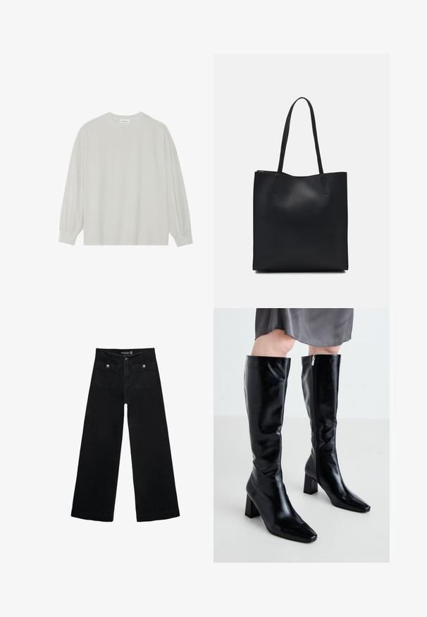 Harmaa pitkähihais t-paita, joka on valmistettu pehmeästä puuvillasta. Ominaisuuksiin kuuluvat rento istuvuus, pyöreä kaula-aukko ja hienosti rypytetyt hihansuut. Ei kuvioita tai grafiikkaa.; Mustat leveälahkeiset farkut korkean vyötärön kanssa, joissa on kaksi etutaskua ja metalliset nappikoristeet. Kangas on sileä.; RAID HETTY - Saappaat - black; Mustapahkainen kangaskassi, jossa on sileä pinta, suorakaiteen muotoinen ja kaksi pitkää kahvaa. Ei näkyvää metalliosaa tai koristeita.