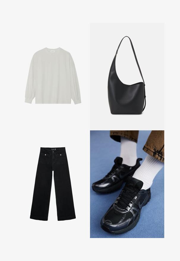 Svetlo siva majica s dugim rukavima izrađena od mekog pamuka. Ima slobodan kroj, okrugli izrez i blago nabrane manžetne. Bez uzoraka ili grafike.; Črne široke kavbojke z visokim pasom, ki imajo dva sprednja žepa in kovinske gumbi. Tkanina ima gladko teksturo.; Črne športne čevlje Nike imajo mrežasto zgornji del s sijočimi akcenti, črne vezalke in teksturiran podplat. Ujemajo se z belimi rebrastimi nogavicami.; Črna usnjena hobo torba z gladko teksturo, ukrivljeno obliko in eno nastavljivo naramnico; ima širok odprtina na vrhu.