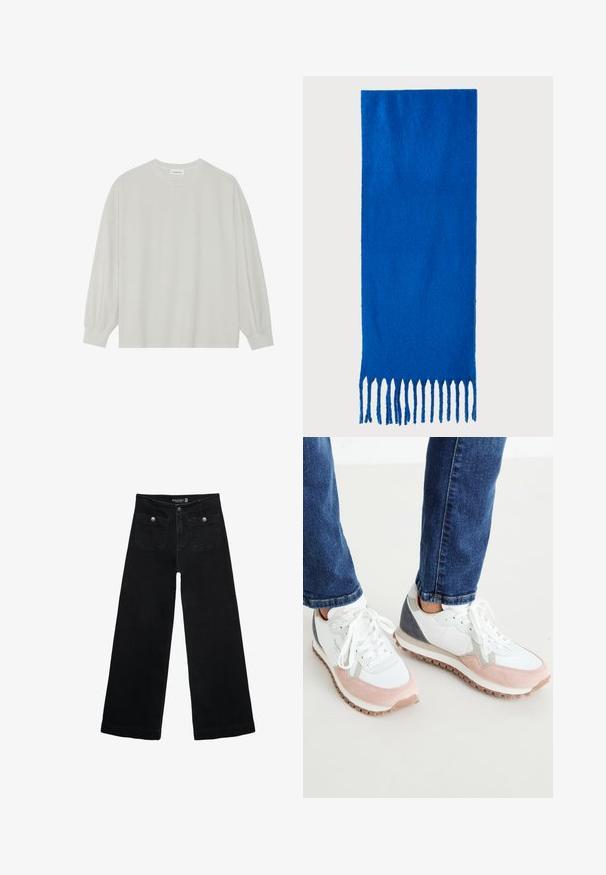 Jasnoszara, długorękawowa koszulka z miękkiej bawełny. Posiada luźny krój, okrągły dekolt oraz delikatnie marszczone mankiety. Brak wzorów i grafik.; Czarne, szerokie dżinsy z wysokim stanem, z dwoma przednimi kieszeniami i metalowymi guzikami. Tkanina ma gładką fakturę.; Białe i jasnoróżowe sneakersy z szarymi akcentami, z nubukowej i siateczkowej cholewki, gumowej podeszwy oraz okrągłymi sznurówkami.; Niebieski szalik z frędzlami wykonany z miękkiego materiału; ma jednolity kolor z teksturowaną powierzchnią i równomiernie przyciętymi frędzlami na dole.; Czarna skórzana torebka o zakrzywionym kształcie, z odpinanym paskiem i złotymi akcentami. Torebka posiada klapę z zapięciem w kształcie klamry.
