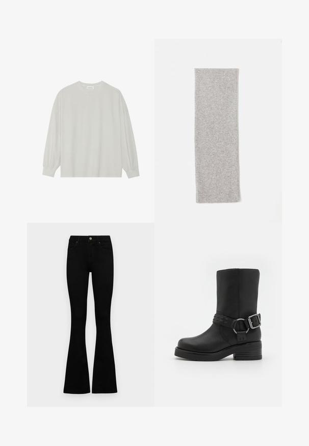 Svijetlosivi majica s dugim rukavima od mekane pamučne tkanine. Ima slobodan kroj, okrugli izrez i blago nabrane manžete. Bez uzoraka ili grafika.; Crne traperice viskog struka s kopčanjem na gumb i rajfeslusu, prednjim džepovima i širom nogavicama položene su ravno na bijeloj pozadini.; Crne kožne čizme do gležnja s zaobljenim vrhom, debelim potplatom i dekorativnom kopčom oko gležnja. Teksturirani finiš.; Siva pletena šalica s glatkom teksturom, izduženog pravokutnog oblika i čistim rubovima, dizajnirana za toplinu i udobnost.; Crna kožna torba za nošenje s glatkom teksturom, pravokutnim oblikom i dvije duge ručke. Nema vidljivih metalnih dijelova ili ukrasa.