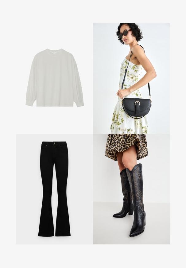Jasnoszara, długorękawowa koszulka z miękkiej bawełny. Posiada luźny krój, okrągły dekolt oraz delikatnie marszczone mankiety. Brak wzorów i grafik.; Czarne, wysokie dżinsy z guzikem i zamkiem błyskawicznym, z przednimi kieszeniami i rozszerzanymi nogawkami, leżące płasko na białym tle.; Nogi w wysokich na kolana czarnych skórzanych kowbojskich butach z dekoracyjnym haftem, w połączeniu z krótką spódnicą w wzór cętkowanej pantery na białym tle.; Czarna skórzana torebka o zakrzywionym kształcie, z odpinanym paskiem i złotymi akcentami. Torebka posiada klapę z zapięciem w kształcie klamry.