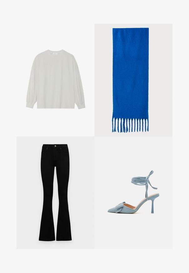 Camisola de manga longa cinza clara, feita de algodão suave. Apresenta um corte solto, decote redondo e punhos ligeiramente franzidos. Sem padrões nem gráficos.; Jeans pretos de cintura alta com fecho de botão e zíper, bolsos frontais e pernas largas dispostos em cima de um fundo branco.; Sapato de salto alto com biqueira fina em tecido azul claro com acabamento texturizado, apresentando um detalhe em laço e alça para o tornozelo para um ajuste seguro.; Cachecol azul com franjas, feito de tecido macio; apresenta uma cor sólida com uma superfície texturizada e franjas cortadas de forma uniforme na parte inferior.