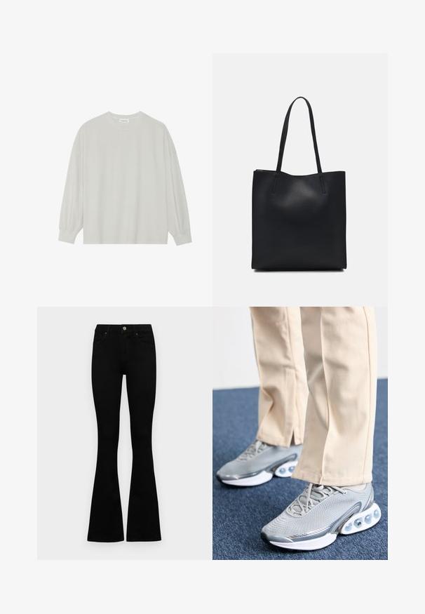 Lys grå langermet t-skjorte laget av myk bomull. Har en løs passform, rund hals og forsiktig samlet mansjetter. Ingen mønstre eller grafikk.; Sorte høytlivsjeans med knapp og glidelås, frontlommer og utsvingte bein liggende flatt på en hvit bakgrunn.; Grå treningssko med mesh-overdel, rund tå og polstret såle; har små luftputer i sålen for ekstra støtte.; Svart lær tote bag med glatt tekstur, rektangulær form og to lange håndtak. Ingen synlige deler eller dekorasjoner.