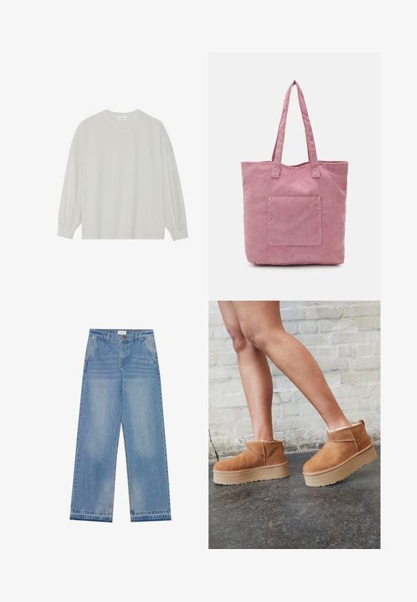 Világosszürke, hosszú ujjú póló, puha pamutból készült. Szabad, laza szabású, kerek nyakkivágással és finoman ráncolt mandzsettával rendelkezik. Nincs rajta minta vagy grafikák.; Világoskék, magas derekú, bő szabású farmernadrág gombos záródással, elülső zsebekkel, övhurkokkal és finom kopott részletekkel.; Barna velúr bokacsizma puha béléssel, vastag bézs platformtalppal és hátsó húzófüllel. Texturált felület látható varrási részletekkel.; Rózsaszín corduroy bevásárlótáska két hosszú füllel, elülső zsebbel és finom bordázott textúrával. Simább belső.