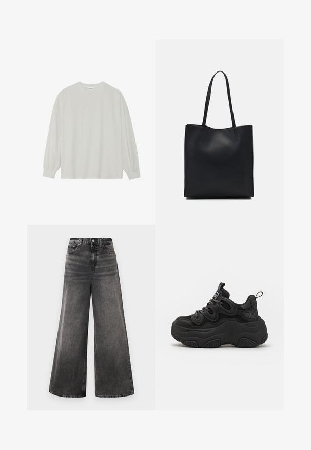 Világosszürke, hosszú ujjú póló, puha pamutból készült. Szabad, laza szabású, kerek nyakkivágással és finoman ráncolt mandzsettával rendelkezik. Nincs rajta minta vagy grafikák.; Széles lábú fekete farmernadrág, megfakult mosással, öt zsebes dizájnnal és gombos záródással a derékrészen, varrott részletekkel.; Fekete sneaker, masszív dizájnnal, textúrált felsőrésszel, hálós panelek és vastag gumitalp. REFLEKTÍV cipőfűzők és márkázási részletek láthatók.; Fekete bőrtáska sima felszínnel, téglalap alakú, két hosszú füllel. Nincs látható fémkiegészítő vagy díszítés.