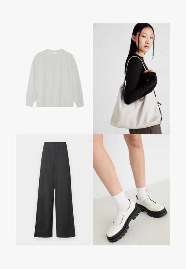 Helles graues Langarm-T-Shirt aus weicher Baumwolle. Mit lockerer Passform, Rundhalsausschnitt und sanft gerafften Bündchen. Keine Muster oder Grafiken.; Hochtaillierte, weit geschnittene Hose aus dunkelgrauem Stoff mit glatter Textur. Verfügt über keine sichtbaren Taschen oder Verzierungen.; Weiße Lackleder-Mary-Jane-Schuhe mit einer dicken schwarzen Sohle, versehen mit einem Riemen über dem Spann und getragen mit weißen Socken.; Beige Handtasche aus weichem Material, mit einem lässigen Design, gesteppten Details und zwei Schulterriemen. Geeignet für den täglichen Gebrauch.