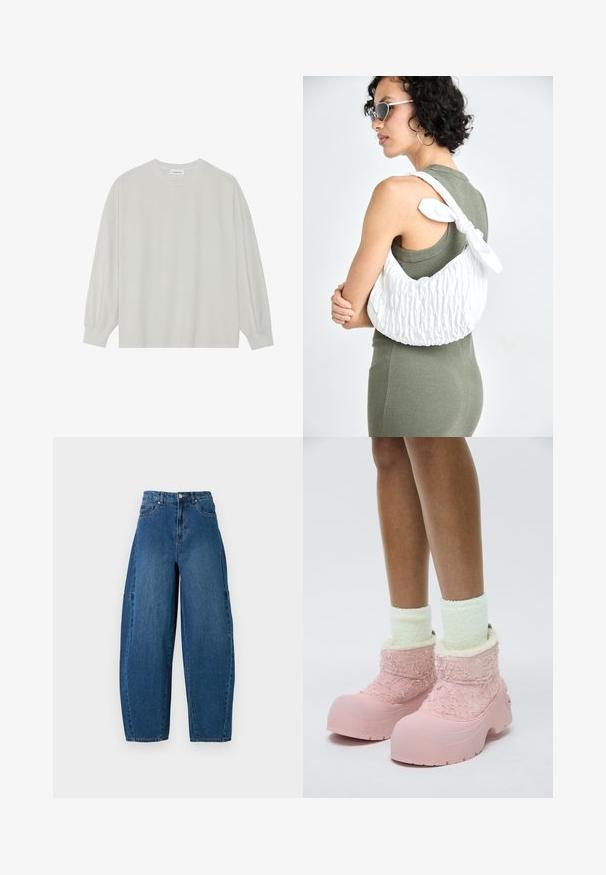 Tricou pe șir cu mâneci lungi, de culoare gri deschis, confecționat din bumbac moale. Are o croială lejeră, decolteu rotund și manșete ușor bufante. Fără modele sau grafica.; Jeans din denim cu o nuanță medie de albastru, având talie înaltă, tăietură cu picioare largi și un design standard cu cinci buzunare, cu detalii de cusătură vizibile.; Botoșei roz din cauciuc, cu un exterior texturat pufos, căptușeală moale și talpă masivă. Purtați cu șosete pufoase până la gleznă, de culoare verde deschis.; Geantă albă matlasată cu textură netedă și accent cu fundiță, purtată pe umăr. Model îmbrăcat într-o rochie verde măslin cu decolteu curbat.