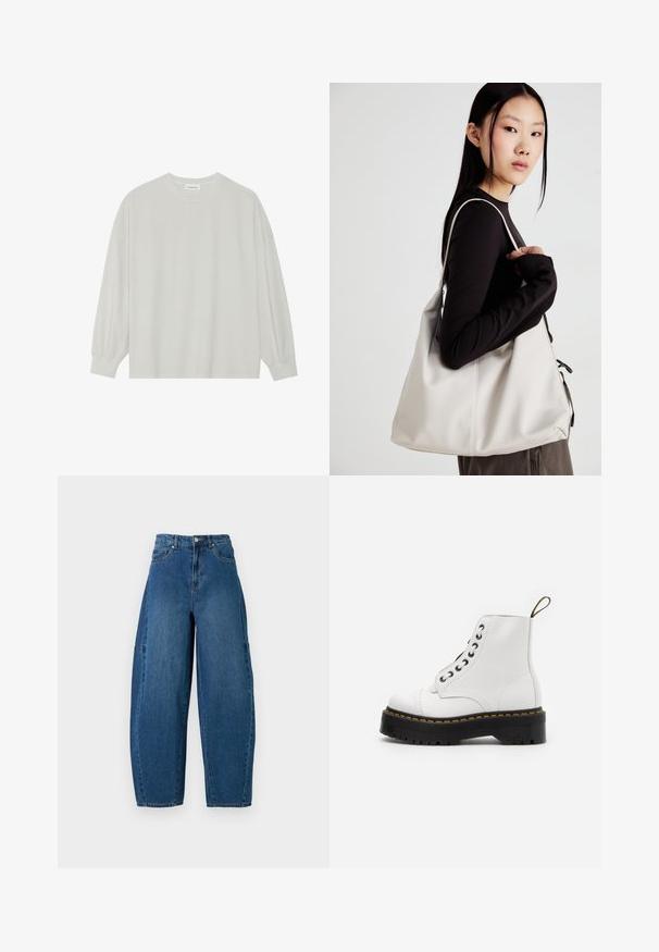 Camisola de manga longa cinza clara, feita de algodão suave. Apresenta um corte solto, decote redondo e punhos ligeiramente franzidos. Sem padrões nem gráficos.; Denim jeans em um tom de azul médio, apresentando uma cintura alta, corte largo e design padrão de cinco bolsos com detalhes de costura visíveis.; Bota curta em pele branca com bico arredondado, sola grossa preta, acabamentos em costura amarela e fecho com seis ilhós. Alça no calcanhar.; Uma bolsa bege feita de material macio, com um design descontraído, detalhes de costura e duas alças para o ombro. Adequada para uso diário.