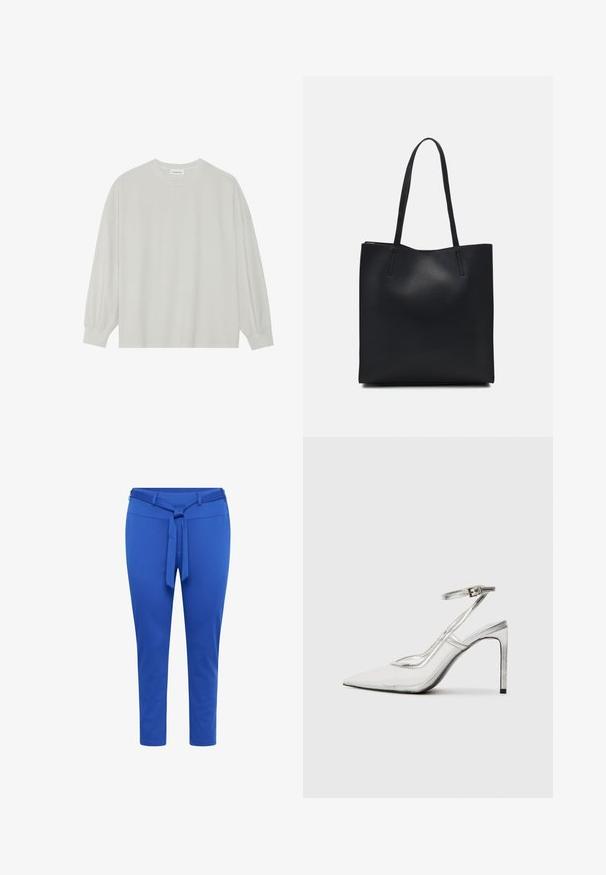 T-shirt a maniche lunghe grigio chiaro realizzato in cotone morbido. Presenta una vestibilità ampia, scollatura rotonda e polsini delicatamente arricciati. Nessun motivo o grafica.; Pantaloni blu a sigaretta realizzati in tessuto elasticizzato con vita cinturata, caratterizzati da una superficie liscia e una lunghezza fino al polpaccio.; Scarpa con tacco a stiletto trasparente e punta affilata, realizzata in materiale trasparente, con dettagli metallici argentati e cinturino regolabile sulla caviglia.; Borsa tote in pelle nera con texture liscia, forma rettangolare e due manici lunghi. Nessun hardware o decorazione visibile.