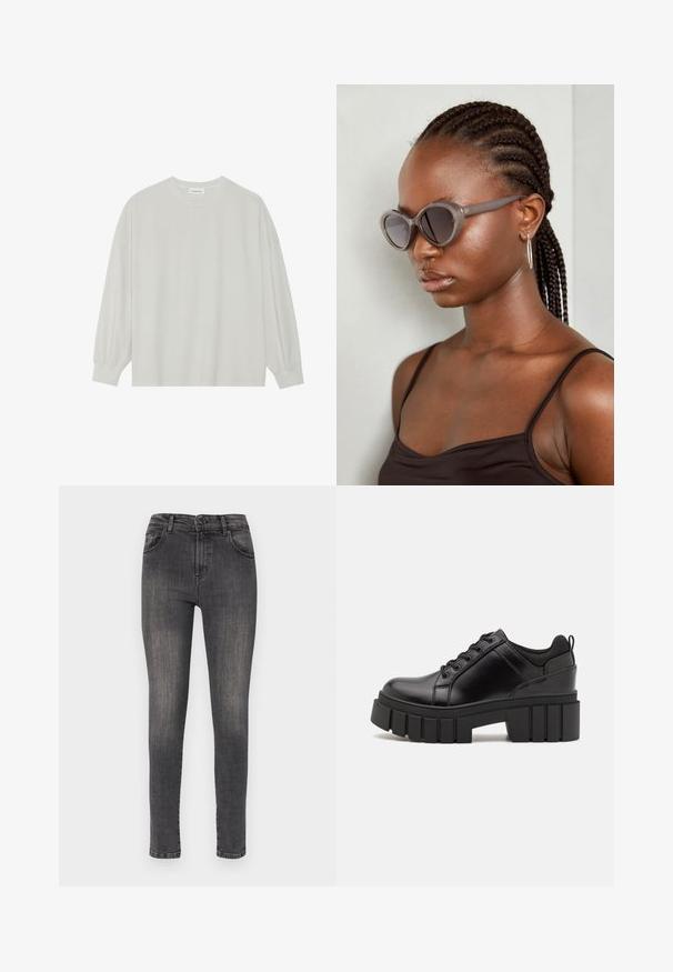 Világosszürke, hosszú ujjú póló, puha pamutból készült. Szabad, laza szabású, kerek nyakkivágással és finoman ráncolt mandzsettával rendelkezik. Nincs rajta minta vagy grafikák.; Sötét szürke farmer skinny jeans, elhalványodott felülettel. Két elülső zseb és egy hátsó zseb található rajta. Klasszikus öt zsebes kialakítás.; Fekete bőr platform cipők vaskos blokk sarkakkal, kerek orral és hagyományos fűzős kialakítással. Simára csiszolt felület és minimális részletezés jellemzi.; Szürke, oversized napszemüveg kerek formával és sötét lencsékkel. Sima felületű, elegáns műanyag keret. A modellen fonott haj van.