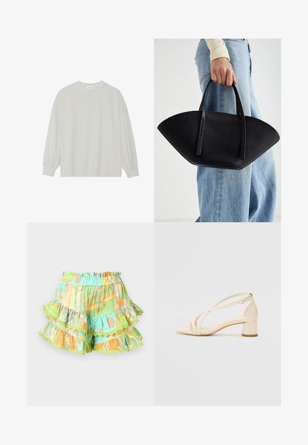 Šviesiai pilkas ilgomis rankovėmis marškinėliai, pagaminti iš minkštos medvilnės. Sukurtas laisvam prigludimui, apvaliu iškirpimu ir švelniai susigūžusiomis rankovėmis. Be raštų ar piešinių.; Spalvingi sluoksniuoti šortai su elastine juosta, puošti žaliais, oranžiniais ir mėlynais raštais, apipavidalinti banguotais kraštais.; Bežiniai aukštakulniai sandalai su bloko kulnu, juostelių dizainu ir reguliuojama kulkšnies juostele, pagaminti iš lygaus sintetinės medžiagos su matinio paviršiaus apdaila.; Juodas odinis rankinis uždangalas unikaliu ventiliatoriaus formos dizainu, turintis plokščias rankenas. Paviršius turi akmeninė tekstūrą ir minimalistišką dizainą.