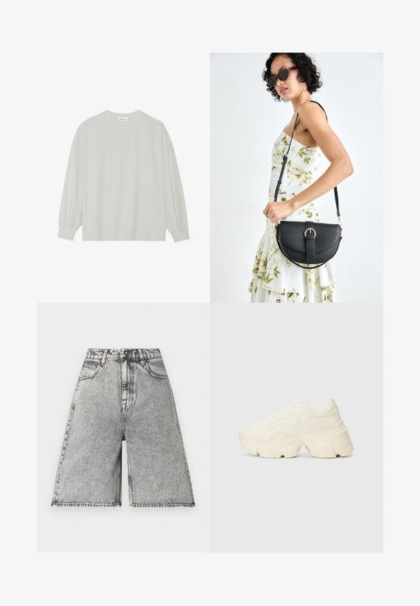 Svijetlosivi majica s dugim rukavima od mekane pamučne tkanine. Ima slobodan kroj, okrugli izrez i blago nabrane manžete. Bez uzoraka ili grafika.; Traper šorcevi u crno-sivom kiselom pranju, s visokim strukom, petljama za remen i pet džepova. Rubovi su završeni.; Masivne bijele tenisice od teksturirane mreže i sintetičkih materijala, sa debelim potplatom i složenim uzorcima duž strana.; Crna kožna torba s lukovitim oblikom, odvojivim remenom i zlatnim detaljima. Torba ima preklop s kopčom.