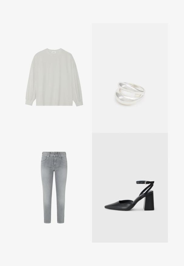 Gaišpelēka garām piedurknēm t-krekls, kas izgatavots no mīkstas kokvilnas. Iezīmē vaļīgu piegriezumu, apaļu kakla izgriezumu un viegli saplacinātas piedurknes. Nav rakstu vai grafikas.; Pelēkas denima džinsi ar pieguļošu piegriezumu, kurām ir piecas kabatas un standarta jostasvieta. Gluda tekstūra bez redzamām rotājumiem.; Melna ādas augstpapēžu kurpe ar norakstīto purngala formu, potītes siksniņu un masīlu papēdi. Gluda tekstūra, elegants dizains un minimālisma estētika.; Sudraba divu joslu gredzens ar gludu, pulētu virsmu. Iezīmējas ar plūstošu, izliekta dizaina struktūru ar pārklājošām sekcijām modernam izskatam.