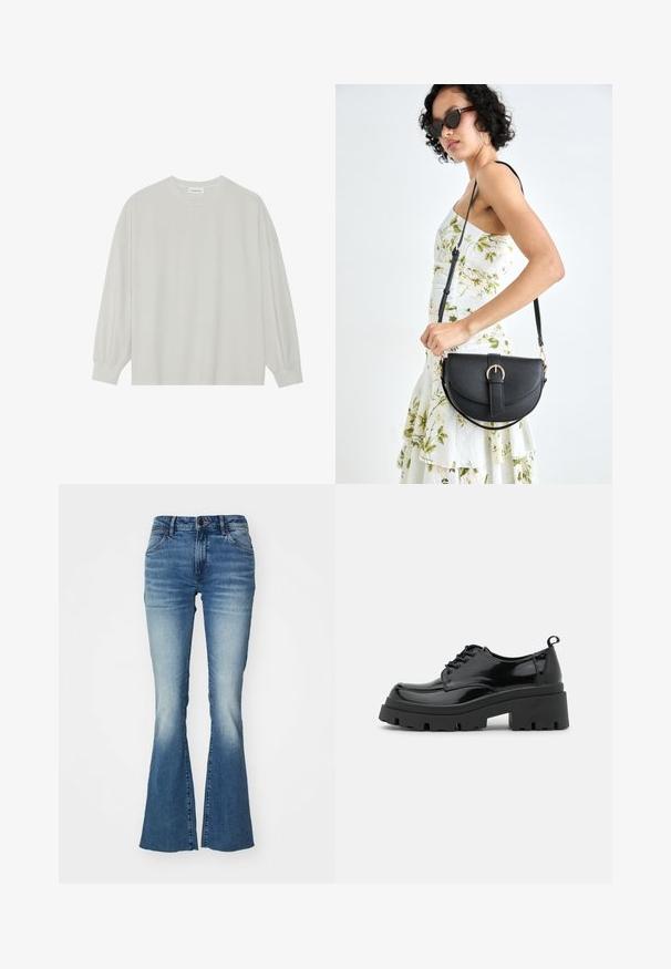 Svetlošedé tričko s dlhým rukávom vyrobené z jemnej bavlny. Má voľný strih, okrúhly výstrih a jemne náramkové manžety. Bez vzorov alebo grafiky.; Modré denimové rifle s rozšíreným strihom, stredným pásom a gradientovým umývaním, ktoré prechádza z tmavo modrej do svetlo modrej, obsahujúce päť vreciek.; Čierne lakované topánky s hrubou platformou a hrubými šnúrkami. Zaoblená špička, minimálne detaily a malá pätka na zadnej strane.; Čierna kožená kabelka s zaobleným tvarom, odnímateľným popruhom a zlatými doplnkami. Kabelka má klopu s detailom s prackou.