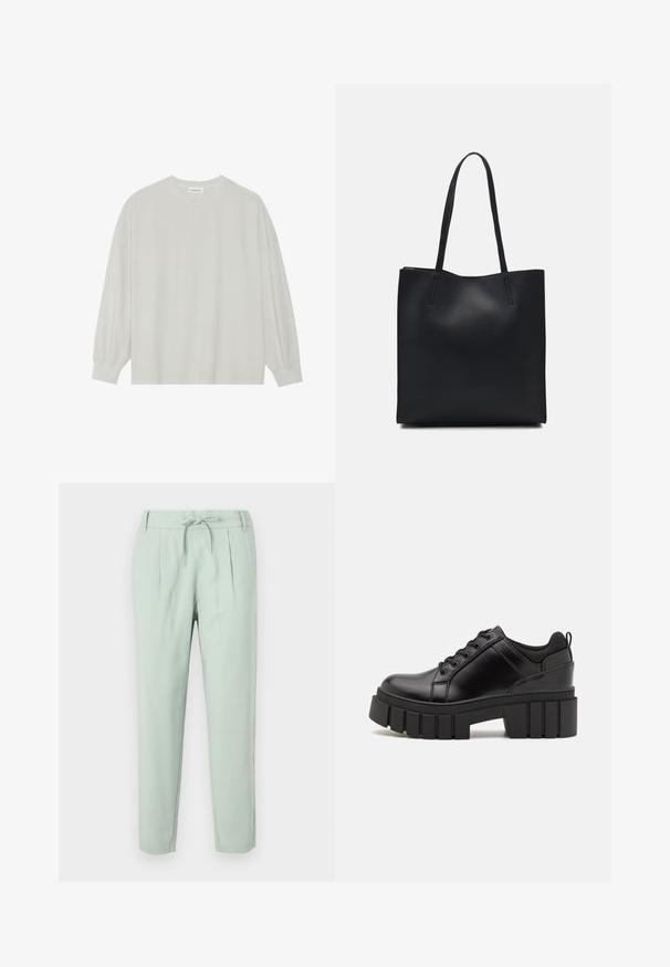 Ljusgrå långärmad t-shirt i mjuk bomull. Har en lös passform, rund halsringning och lätt rynkade ärmslut. Utan mönster eller grafik.; Ljusgröna byxor med dragsko i midjan, nedtill avsmalnande ben och veck. Tillverkade av ett mjukt, lätt tyg med sidofickor.; Svarta läderplattformsskor med en kraftig blockklack, rund tå och traditionell snörningsdesign. Har en slät textur och minimal detaljering.; Svart lädertoffelväska med slät textur, rektangulär form och två långa handtag. Ingen synlig hårdvara eller dekorationer.