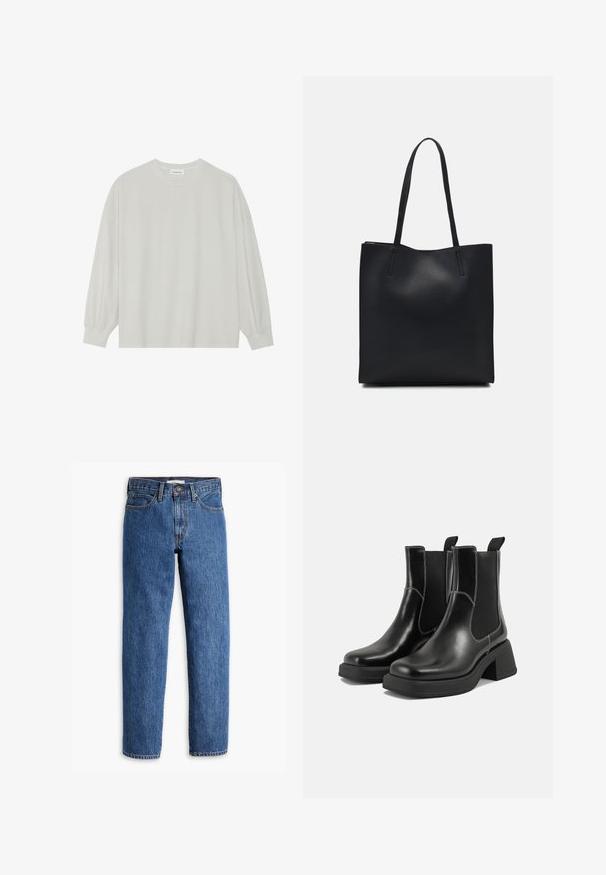 Camisola de manga longa cinza clara, feita de algodão suave. Apresenta um corte solto, decote redondo e punhos ligeiramente franzidos. Sem padrões nem gráficos.; Jeans de ganga azuis com um corte reto, cinco bolsos e costuras em contraste. A cintura possui um fecho clássico de botão e fecho éclair.; Botas Chelsea em couro preto com um salto grosso, painéis laterais elásticos e costura branca em contraste. Acabamento texturizado.; Bolsa tote preta em couro com textura lisa, forma retangular e duas alças longas. Sem hardware ou enfeites visíveis.
