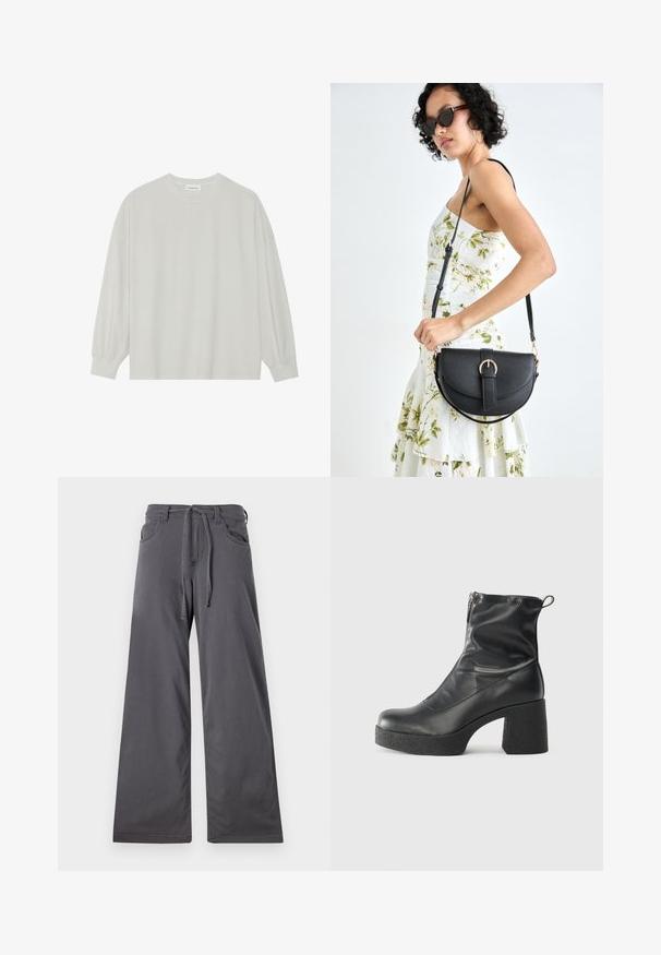 Világosszürke, hosszú ujjú póló, puha pamutból készült. Szabad, laza szabású, kerek nyakkivágással és finoman ráncolt mandzsettával rendelkezik. Nincs rajta minta vagy grafikák.; Szürke, bő szárú nadrág sima anyagból, húzózsinórral ellátott derékrésszel, elülső zsebekkel és egyenes sziluettel.; Fekete bokacsizmák sima bőrből, oldalsó cipzárral, vastag, texturált sarkú és lekerekített orrú dizájnnal.; Fekete bőrtáska ívelt formával, levehető pánttal és arany színű fémrészekkel. A táskán egy csattal díszített fedél található.