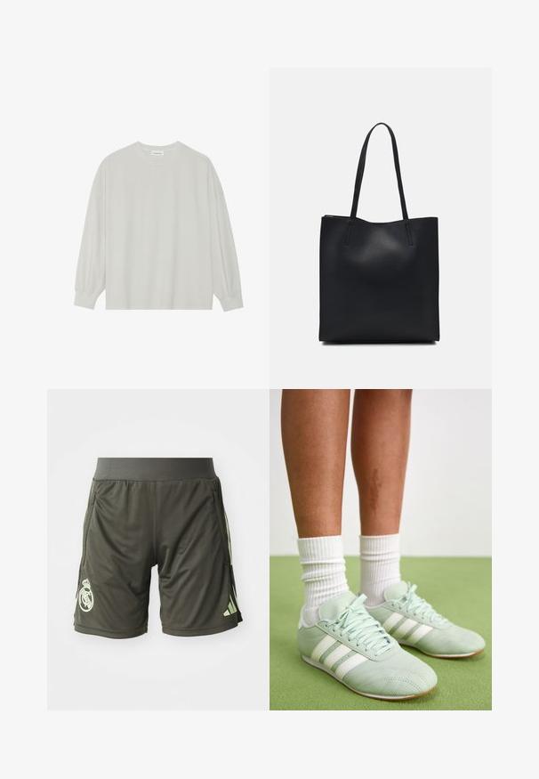 Lichtgrijze langarm t-shirt van zacht katoen. Heeft een losse pasvorm, ronde halslijn en zachtGathered manchetten. Geen patronen of graphics.; Donkergroene sportshorts met een elastische tailleband, voorzien van zijzakken en een lichtgroen logo op de onderste linkerpijp.; Mintgroene sportschoenen met witte strepen, gladde leren textuur, ronde teen en rubberen zool, gecombineerd met witte geribde sokken.; Zwarte leren handtas met een gladde textuur, rechthoekige vorm en twee lange handvaten. Geen zichtbare hardware of versieringen.