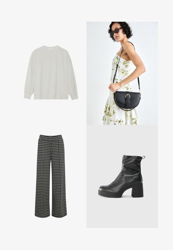 T-shirt à manches longues gris clair en coton doux. Présente une coupe ample, un col rond et des poignets légèrement froncés. Aucun motif ni graphique.; ICHI IHKATE - Pantalon classique - vetiver; Bottes noires à la cheville en cuir lisse, dotées d'une fermeture éclair sur le côté, d'un talon épais texturé et d'une conception à bout rond.; Sac à main en cuir noir avec une forme courbée, bandoulière amovible et des accessoires en or. Le sac est doté d'un rabat avec un détail de boucle.