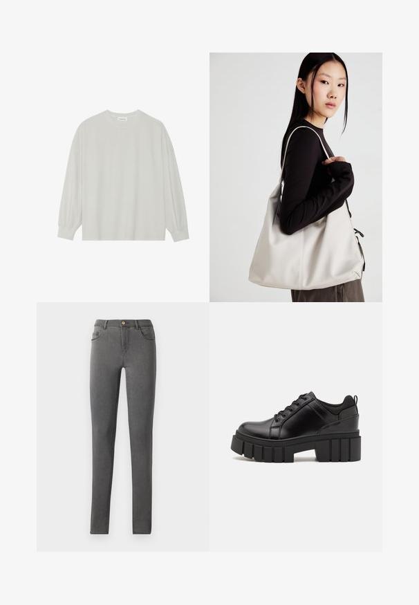 Lys grå langermet t-skjorte laget av myk bomull. Har en løs passform, rund hals og forsiktig samlet mansjetter. Ingen mønstre eller grafikk.; Grå denim skinny jeans med en tettsittende design, fem-lommers stil og en enkel metallknapp i midjen.; Svarte lærplattformsko med kraftig blokkhell, rund tå og tradisjonell snøring. Har en jevn tekstur og minimal detaljering.; Beige håndveske laget av mykt materiale, med en slapp design, sydd detaljer og to skulderstropper. Passer for daglig bruk.