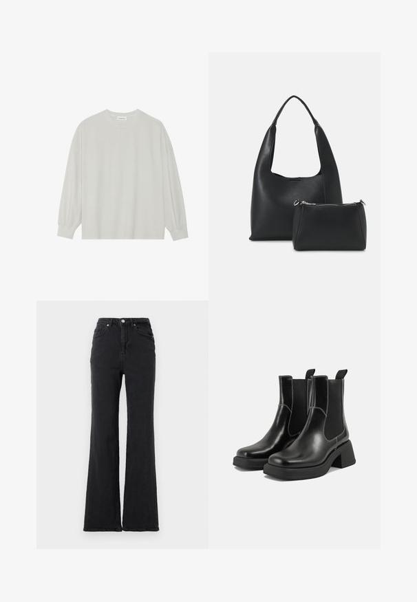 Camisola de manga longa cinza clara, feita de algodão suave. Apresenta um corte solto, decote redondo e punhos ligeiramente franzidos. Sem padrões nem gráficos.; Calças de ganga pretas de cintura alta com pernas largas, botão frontal e design de cinco bolsos sobre um fundo branco liso.; Botas Chelsea em couro preto com um salto grosso, painéis laterais elásticos e costura branca em contraste. Acabamento texturizado.; Even&Odd Mala de mão - black