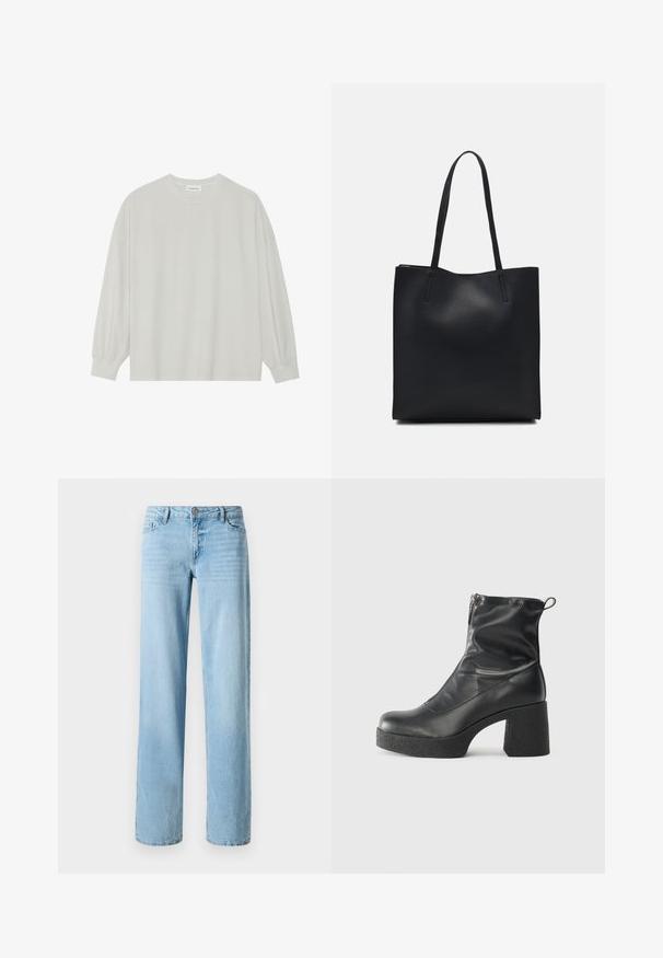 Hele halli pikkade varrukatega T-särk, mis on valmistatud pehmest puuvillast. Omab vaba lõiget, ümmargust kaelust ja õrnalt kogutud varrukaotsi. Muster ja graafika puuduvad.; Heledad sinine denim teksad, sirge jala disainiga, viie taskuga ja esise eest nupukinnitusega. Sile tekstuur kerge tuhmumisega.; Mustad mustad ansapüksid, mis on valmistatud siledast nahast, külje zipperiga, paksu tekstuuriga kontsaga ja ümmarguse nina disainiga.; Mustast nahast kott sujuva tekstuuriga, ristkülikukujuline ja kahe pika sangaga. Pole nähtavat riistvara ega kaunistusi.