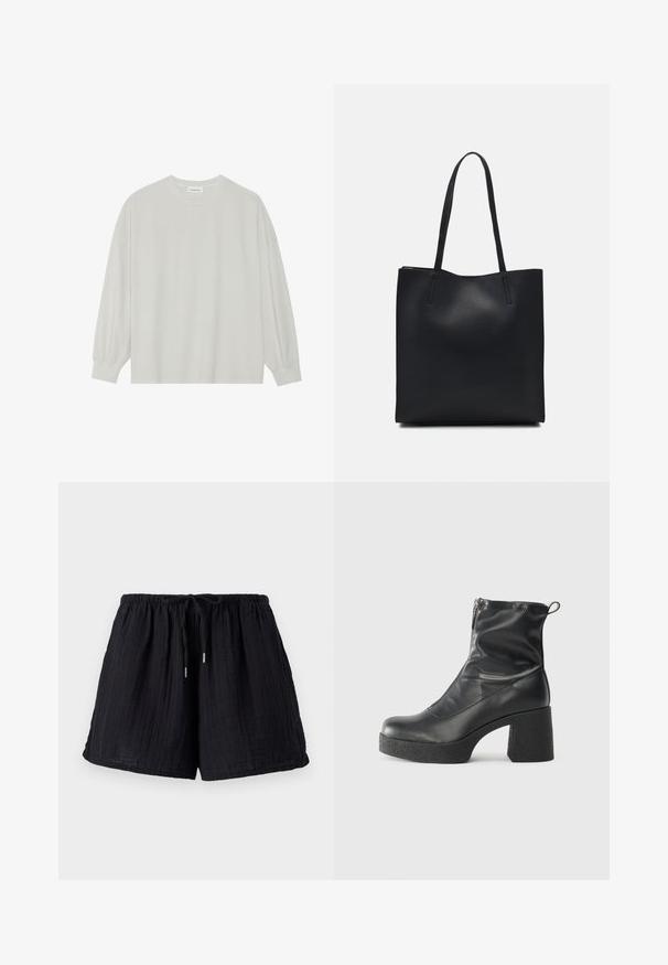 Helles graues Langarm-T-Shirt aus weicher Baumwolle. Mit lockerer Passform, Rundhalsausschnitt und sanft gerafften Bündchen. Keine Muster oder Grafiken.; Schwarze Baumwollshorts mit einer strukturierten, gekräuselten Oberfläche. Verfügt über einen elastischen Bund und eine verstellbare Kordel für Komfort und guten Sitz.; Schwarze Stiefeletten aus glattem Leder mit seitlichem Reißverschluss, klobigem strukturiertem Absatz und runder Zehenform.; Schwarze Laptoptasche aus Leder mit glatter Textur, rechteckiger Form und zwei langen Griffen. Keine sichtbaren Beschläge oder Verzierungen.
