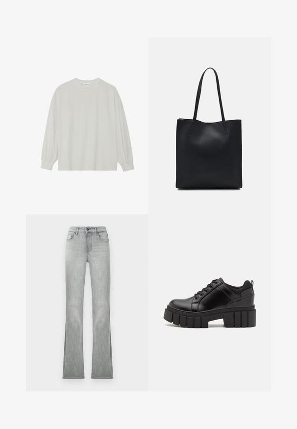 Lys grå langærmet t-shirt lavet af blød bomuld. Har en løs pasform, rund halsudskæring og let indsamlede manchetter. Ingen mønstre eller grafikker.; Lysegrå flared jeans med en glat denimtekstur, der har frontlommer og en knaplukning. Kantene har sideslids for ekstra detalje.; Sorte læder platform sko med en klodset blokhæl, rund tå og traditionelt snøredesign. Har en glat tekstur og minimal detaljering.; Sort læder tote taske med glat tekstur, rektangulær form og to lange hanke. Ingen synlig hardware eller udsmykninger.