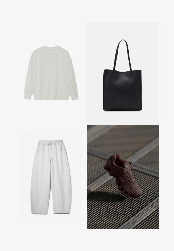 Lichtgrijze langarm t-shirt van zacht katoen. Heeft een losse pasvorm, ronde halslijn en zachtGathered manchetten. Geen patronen of graphics.; Lichtgrijze sweatpants met een ontspannen pasvorm, elastische tailleband, trekkoord en zijzakken; gemaakt van zachte, gestructureerde stof.; Bruine Nike sneaker met een gestructureerde mesh bovenkant, onderscheidende gebogen zool en gevoerde kraag, tegen een kleurrijke achtergrond.; Zwarte leren handtas met een gladde textuur, rechthoekige vorm en twee lange handvaten. Geen zichtbare hardware of versieringen.