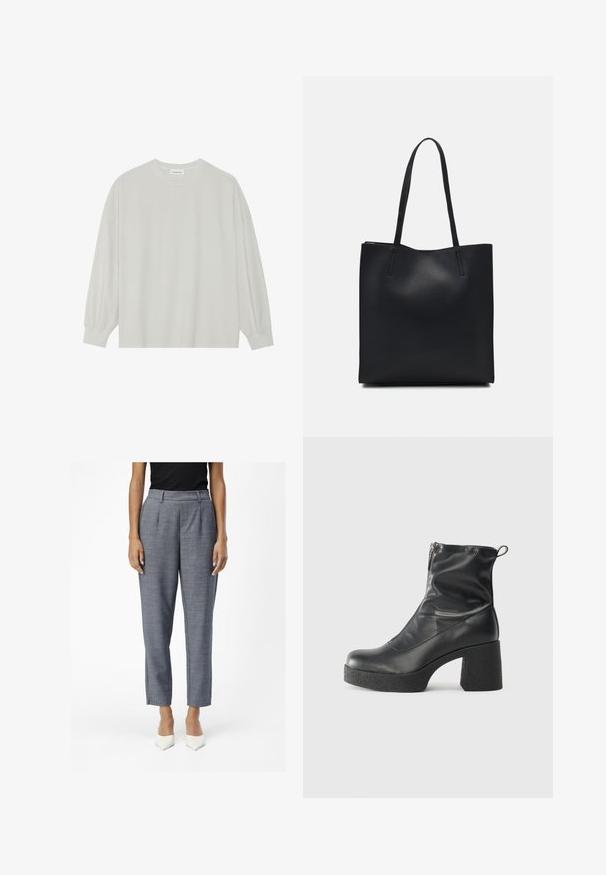 Camisola de manga longa cinza clara, feita de algodão suave. Apresenta um corte solto, decote redondo e punhos ligeiramente franzidos. Sem padrões nem gráficos.; Calças cinzentas ajustadas com um acabamento texturizado, apresentando uma cintura alta, bolsos laterais e pernas slim e cropped. Sapatos de salto agudo brancos completam o look.; Botas de tornozelo pretas feitas de couro liso, com fecho lateral, salto grosso texturizado e design de bico arredondado.; Bolsa tote preta em couro com textura lisa, forma retangular e duas alças longas. Sem hardware ou enfeites visíveis.
