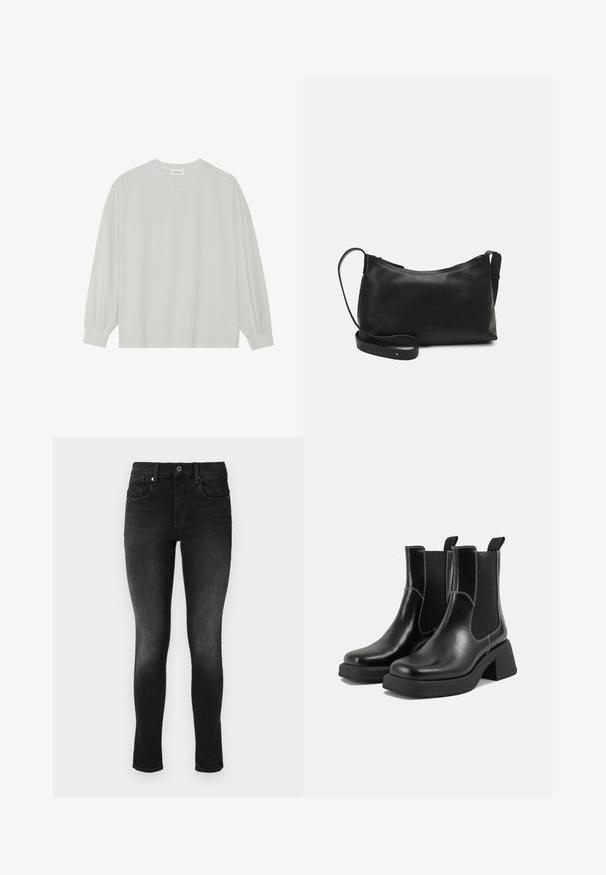 Camisola de manga longa cinza clara, feita de algodão suave. Apresenta um corte solto, decote redondo e punhos ligeiramente franzidos. Sem padrões nem gráficos.; Jeans skinny pretos feitos de denim. As características incluem um fecho de botão, passadores para cinto e bolsos frontais. Textura suave com leve desbotamento.; Botas Chelsea em couro preto com um salto grosso, painéis laterais elásticos e costura branca em contraste. Acabamento texturizado.; Bolsa de ombro em pele preta com textura suave, forma curva, alça ajustável e fecho com zip. Design minimalista sem adornos.