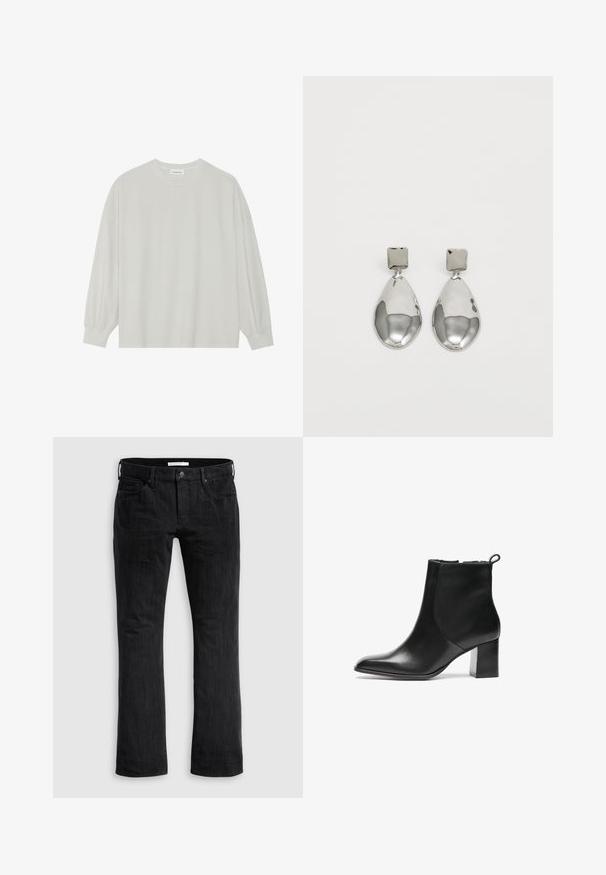 Lys grå langermet t-skjorte laget av myk bomull. Har en løs passform, rund hals og forsiktig samlet mansjetter. Ingen mønstre eller grafikk.; Svart denimjeans med rett benklipp, som har et klassisk fem-lommersdesign, subtil vertikal tekstur og frontlukk med knapp.; Svarte skinn ankelstøvler med rund tå, middels høy blokkhæl og en trekkflik bak. Glatt tekstur, minimalistisk design.; Sølv dråpeøreringer med firkantet studs, med en glatt, polert overflate og en tåreformet design som reflekterer lys med en blank overflate.