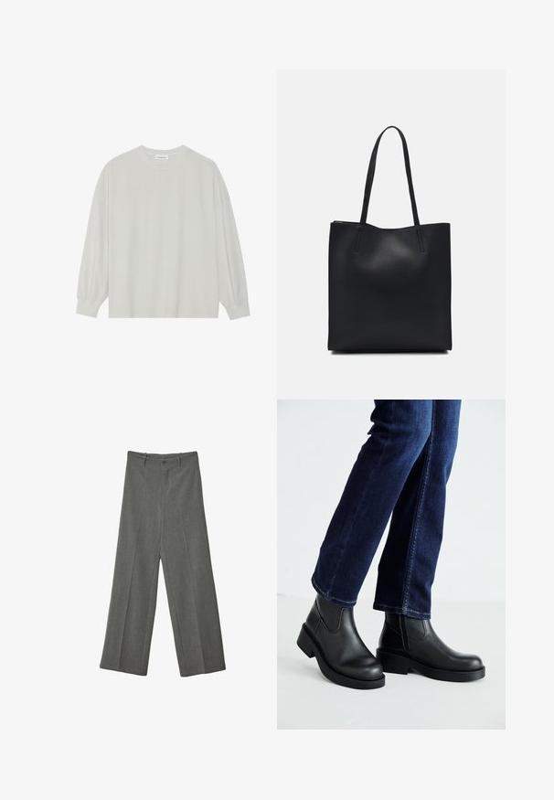 Ljusgrå långärmad t-shirt i mjuk bomull. Har en lös passform, rund halsringning och lätt rynkade ärmslut. Utan mönster eller grafik.; Grå vida byxor i strukturerad tyg, med en framtill infälld veck och två fickor, samt en enkel framknappstängning.; Svarta läderankelskor med tjock sula och sidodelar i elastisk material, kombinerade med mörkblå jeans. Markytan är i ljus färg.; Svart lädertoffelväska med slät textur, rektangulär form och två långa handtag. Ingen synlig hårdvara eller dekorationer.
