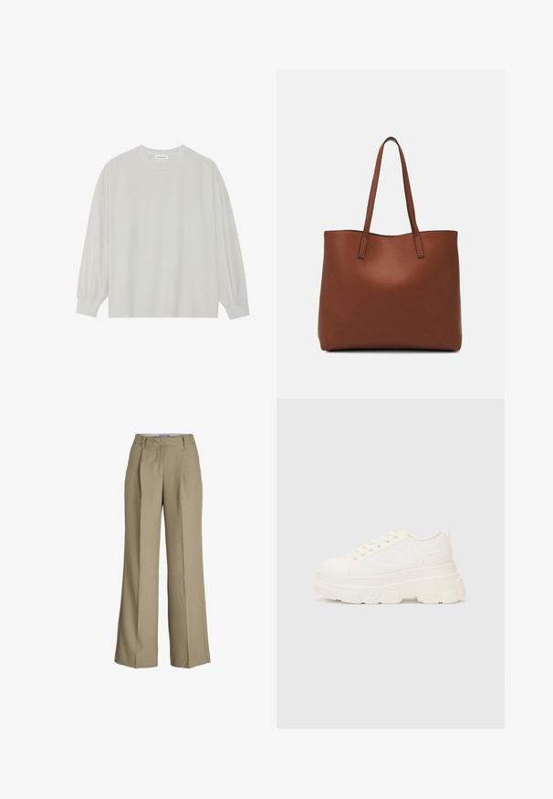 Světle šedé tričko s dlouhým rukávem vyrobené z měkké bavlny. Má volný střih, kulatý výstřih a jemně nařasené manžety. Bez vzorů nebo grafik.; Bezešvé kalhoty se širokými nohavicemi v béžové barvě, s vysokým pasem, předními puky a hladkým textilním povrchem. Klasický design s propracovaným zpracováním.; Bílé plátěné tenisky s robustní podrážkou, zaoblenou špičkou a pěti otvory pro tkaničky. Zádový pásek pro snadné obouvání. Hladký povrch, minimalistický design.; Hnědá kožená taška přes rameno s hladkou texturou, otevřeným designem a dvěma ramenními popruhy. Obsahuje minimální švy a žádné viditelné kovové prvky.