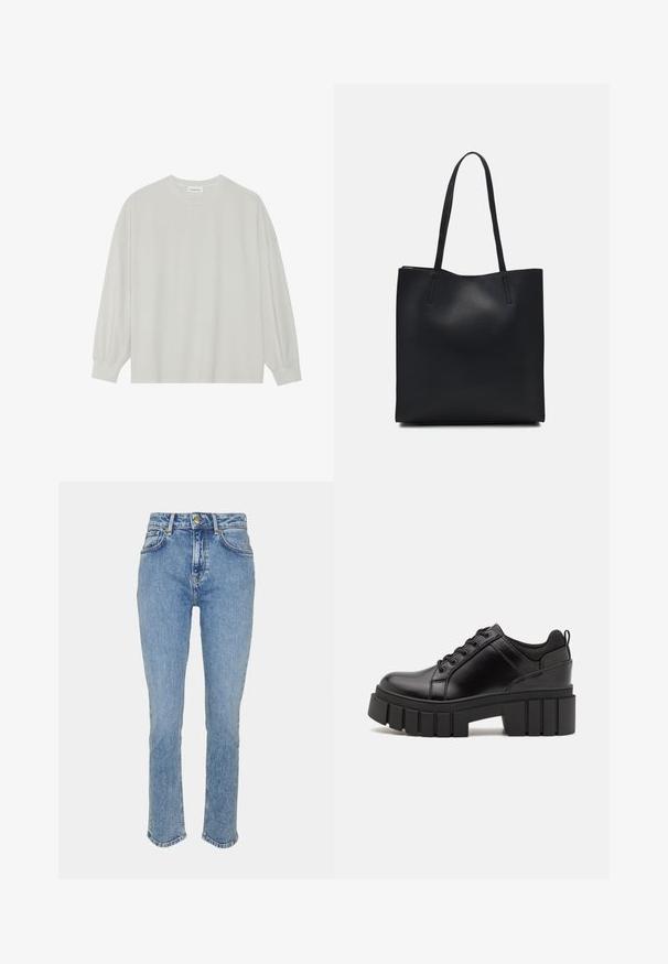 Camisola de manga longa cinza clara, feita de algodão suave. Apresenta um corte solto, decote redondo e punhos ligeiramente franzidos. Sem padrões nem gráficos.; Pepe Jeans MARY FROM US - Calças de ganga de perna direita - ocean blue vintage wash; Sapatos de plataforma em couro preto com um salto bloco robusto, bico redondo e design clássico de atacadores. Apresentam uma textura suave e detalhes mínimos.; Bolsa tote preta em couro com textura lisa, forma retangular e duas alças longas. Sem hardware ou enfeites visíveis.