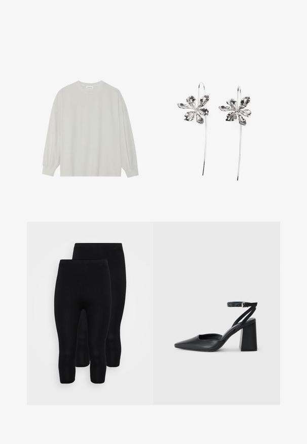 Tricou pe șir cu mâneci lungi, de culoare gri deschis, confecționat din bumbac moale. Are o croială lejeră, decolteu rotund și manșete ușor bufante. Fără modele sau grafica.; Leggings negre elastice cu un design fără cusături, având o lungime până la jumătatea gambei, o textură netedă și o talie elastică pentru confort.; Pantofii cu toc ascuțit din piele neagră, cu breteaua pentru glezne și toc gros. Textură netedă, design elegant și estetică minimală.; Cercei argintii în formă de floare cu un finisaj texturat, având cârlige lungi și detalii asemănătoare petalelor pentru un design complex.