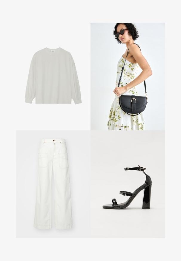 Svijetlosivi majica s dugim rukavima od mekane pamučne tkanine. Ima slobodan kroj, okrugli izrez i blago nabrane manžete. Bez uzoraka ili grafika.; Široke bijele traperice s dva prednja i dva stražnja džepa. Imaju kontrastnu narančastu šav i prednje dugme za zatvaranje.; Crne lakirane sandale na pete sa kvadratnim nosom, trakama oko gležnja i srebrnim kopčama. Imaju čvrst blok petu za stabilnost.; Crna kožna torba s lukovitim oblikom, odvojivim remenom i zlatnim detaljima. Torba ima preklop s kopčom.