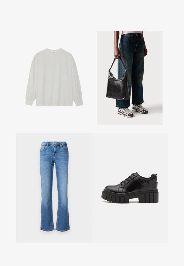 Hele halli pikkade varrukatega T-särk, mis on valmistatud pehmest puuvillast. Omab vaba lõiget, ümmargust kaelust ja õrnalt kogutud varrukaotsi. Muster ja graafika puuduvad.; Heledad sinine flared teksad kõrge vöökohaga, viie taskuga ja peene pleekimisega. Valmistatud denimist, millel on eksponeeritud õmblused ja nupplukuga.; Must musta platvormsussid paksu plokkninal, ümmarguse varbaga ja traditsioonilise nööridega kinnitamisega. Sussid on sileda tekstuuriga ja minimaalsete detailidega.; Must musta õlakott, millel on sile tekstuur ja reguleeritav rihm, koos pleekinud laia jalgadega teksade ja sportlike tossudega.