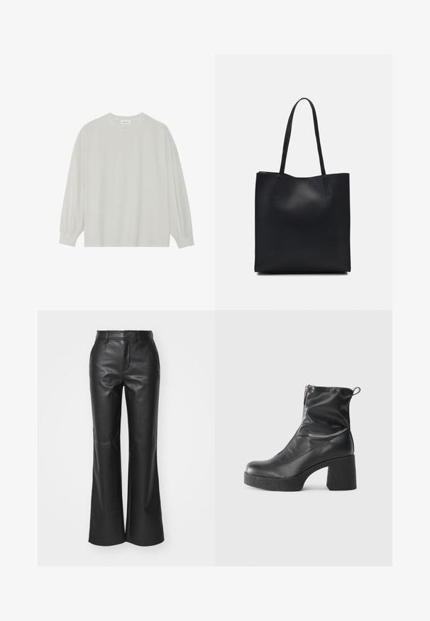 Light gray long-sleeve t-shirt made of soft cotton. Features a loose fit, round neckline, and gently gathered cuffs. No patterns or graphics.; Black leather flared pants with a smooth finish, belt loops, and side pockets; designed for a modern, tailored look.; Black ankle boots made of smooth leather, featuring a side zipper, chunky textured heel, and rounded toe design.; Black leather tote bag with smooth texture, rectangular shape, and two long handles. No visible hardware or embellishments.
