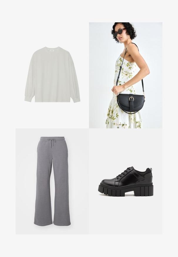 Camisola de manga longa cinza clara, feita de algodão suave. Apresenta um corte solto, decote redondo e punhos ligeiramente franzidos. Sem padrões nem gráficos.; Pantalones de moletom cinzentos, feitos de uma mistura suave de algodão, com cintura elástica ajustável, bolsos laterais e um design de perna larga. Textura suave sem padrões.; Sapatos de plataforma em couro preto com um salto bloco robusto, bico redondo e design clássico de atacadores. Apresentam uma textura suave e detalhes mínimos.; Bolsa de couro preta com forma curva, alça destacável e detalhes em dourado. A bolsa possui uma aba com detalhe de fivela.
