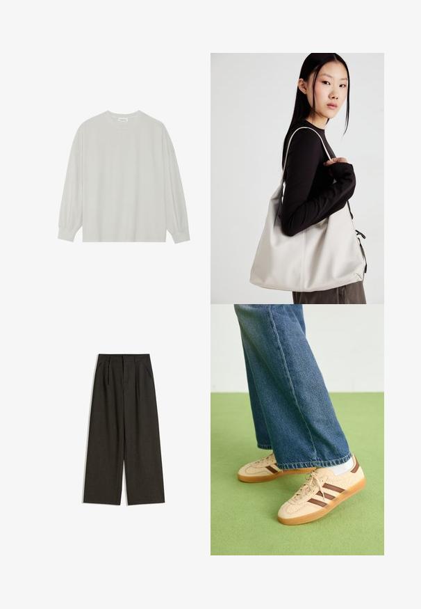 Svetlo siva majica s dugim rukavima izrađena od mekog pamuka. Ima slobodan kroj, okrugli izrez i blago nabrane manžetne. Bez uzoraka ili grafike.; Hlače širokega kroja iz temno sive tkanine z teksturiranim zaključkom, s prednjimi plitvimi in stranskimi žepi, zasnovane za ohlapen fit.; Bež teniske z teksturiranimi kremnimi paneli in rjavimi črtami, v kombinaciji z modrimi kavbojkami. Kavbojke imajo široke hlačnice in raztrgan rob.; Bežna torbica iz mehkega materiala, z ohlapno zasnovo, šivi in dvema naramnicama. Primerna za vsakodnevno uporabo.