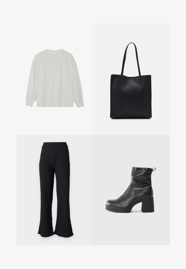 Ljusgrå långärmad t-shirt i mjuk bomull. Har en lös passform, rund halsringning och lätt rynkade ärmslut. Utan mönster eller grafik.; Svarta, texturerade flarebyxor med en åtsittande midja. Tyget har subtila ribbor och vidgar sig vid fållen för en avslappnad passform.; Svarta ankelstövlar i slitstark läder, med sidodragkedja, kraftig strukturerad klack och rundad tådesign.; Svart lädertoffelväska med slät textur, rektangulär form och två långa handtag. Ingen synlig hårdvara eller dekorationer.