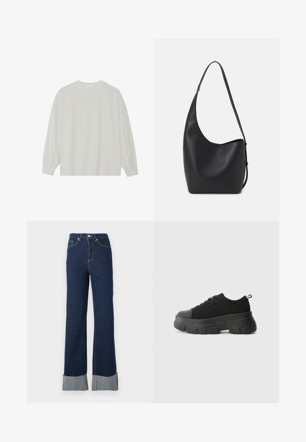 Ljusgrå långärmad t-shirt i mjuk bomull. Har en lös passform, rund halsringning och lätt rynkade ärmslut. Utan mönster eller grafik.; Mörkblå jeans med utsvängda ben och hög midja, med rå nederkant och ljusare denimdetalj vid anklarna. Silverknappstängning.; Svarta sneakers med en kraftig gummisula, texturerad tygöverdel, rund tå och snörning. Har förstärkta öglor och dragflik bak.; Svart läder hobo-väska med en slät textur, kurvig form och en justerbar axelrem; har en bred öppning upptill.