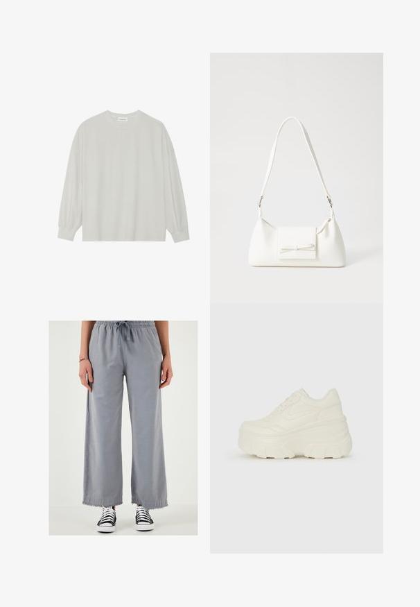 Harmaa pitkähihais t-paita, joka on valmistettu pehmeästä puuvillasta. Ominaisuuksiin kuuluvat rento istuvuus, pyöreä kaula-aukko ja hienosti rypytetyt hihansuut. Ei kuvioita tai grafiikkaa.; Housut, joissa on leveät lahkeet, harmaata väriä ja naru vyötärö, sekä purkautuvat helmat, valmistettu kevyestä materiaalista. Yhdistetty mustavalkoisiin tennareihin.; Valkoiset tasapohjakengät, joissa on sileä nahkamainen päällinen, pyöristetty muoto, pehmustettu nilkkaosa ja texturoitu kumipohja, jossa on hyvin määritellyt urat.; Valkoinen synteettinen käsilaukku, jossa on kolmikulmainen muoto, tasainen etu läppä ja nauhadetail, säädettävä olkahihna, sileä rakenne ja minimalinen muotoilu.