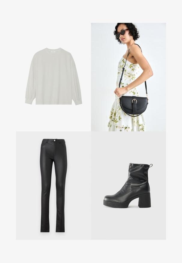 Light gray long-sleeve t-shirt made of soft cotton. Features a loose fit, round neckline, and gently gathered cuffs. No patterns or graphics.; Black faux leather pants with a slim fit, featuring a front button closure, two front pockets, and a slightly flared hem at the bottom.; Black ankle boots made of smooth leather, featuring a side zipper, chunky textured heel, and rounded toe design.; Black leather handbag with a curved shape, detachable strap, and gold hardware. The bag features a flap with a buckle detail.