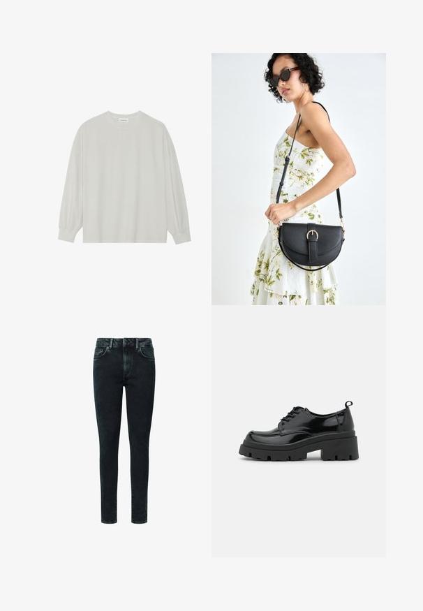 Hele halli pikkade varrukatega T-särk, mis on valmistatud pehmest puuvillast. Omab vaba lõiget, ümmargust kaelust ja õrnalt kogutud varrukaotsi. Muster ja graafika puuduvad.; Mustad denimist kitsad teksad, millel on klassikaline viie taskuga disain, lukuga eesmine osa ja peened kulutatud detailid ees.; Mustad mustri kingad, millel on paks platvormsüstal ja paksed nöörid. Ümar nina, minimaalne detaljide arv ja väike kannataga tab.; Mustmust mustraha kõverate joontega, eemaldatava rihmaga ja kuldsete detailidega. Kotil on klapp, millel on pandladetail.