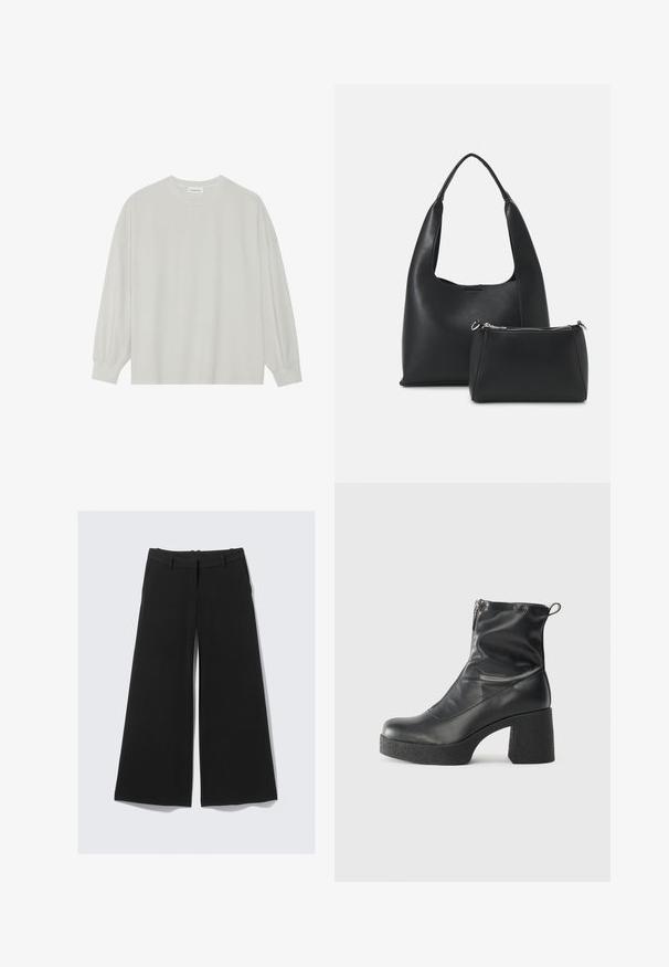 Light gray long-sleeve t-shirt made of soft cotton. Features a loose fit, round neckline, and gently gathered cuffs. No patterns or graphics.; Black wide-leg trousers with a smooth texture, featuring a flat front, belt loops, and side pockets. The design offers a loose fit.; Black ankle boots made of smooth leather, featuring a side zipper, chunky textured heel, and rounded toe design.; Even&Odd Handbag - black