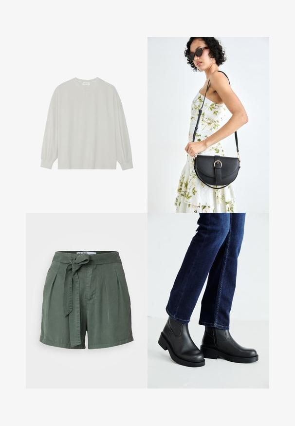 Világosszürke, hosszú ujjú póló, puha pamutból készült. Szabad, laza szabású, kerek nyakkivágással és finoman ráncolt mandzsettával rendelkezik. Nincs rajta minta vagy grafikák.; Zöld, magas derekú rövidnadrág puha anyagból, megkötős övvel, pliszírozott elejével és oldalsó zsebeivel. Testre szabott kialakítás, laza illeszkedéssel.; Fekete bőr bokacsizma vastag talppal és oldalán elnyújtott elasztikus betétekkel, sötétkék farmerral párosítva. A talaj világos színű.; Fekete bőrtáska ívelt formával, levehető pánttal és arany színű fémrészekkel. A táskán egy csattal díszített fedél található.